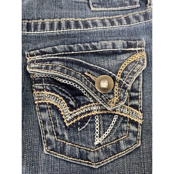 Decree Women's Misses Mini Skirt Blue Denim Embroidered 5 Pocket Size 3 - Picture 6 of 8